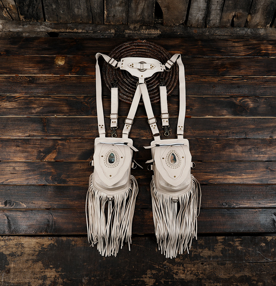 White leather festival holster bag with long fringe and stone crystal accents   