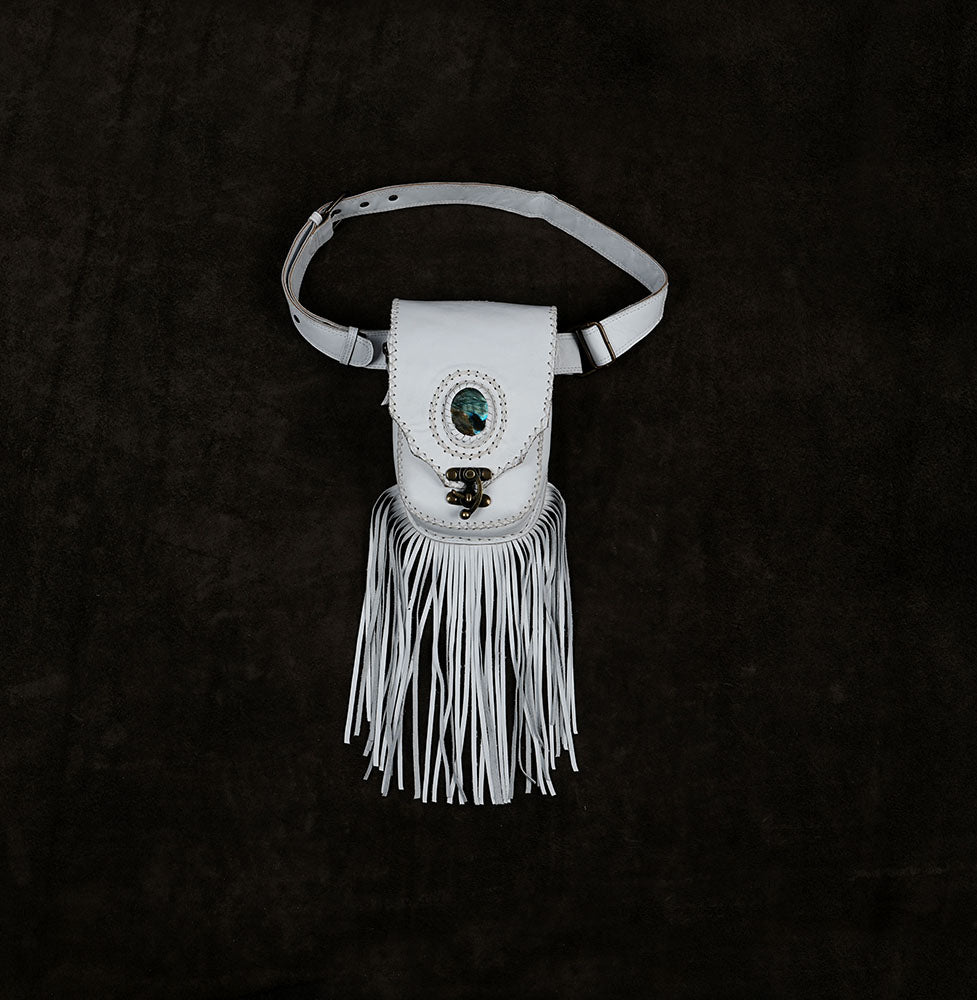 Western leather belt pouch with Natural Labradorite and statement fringe