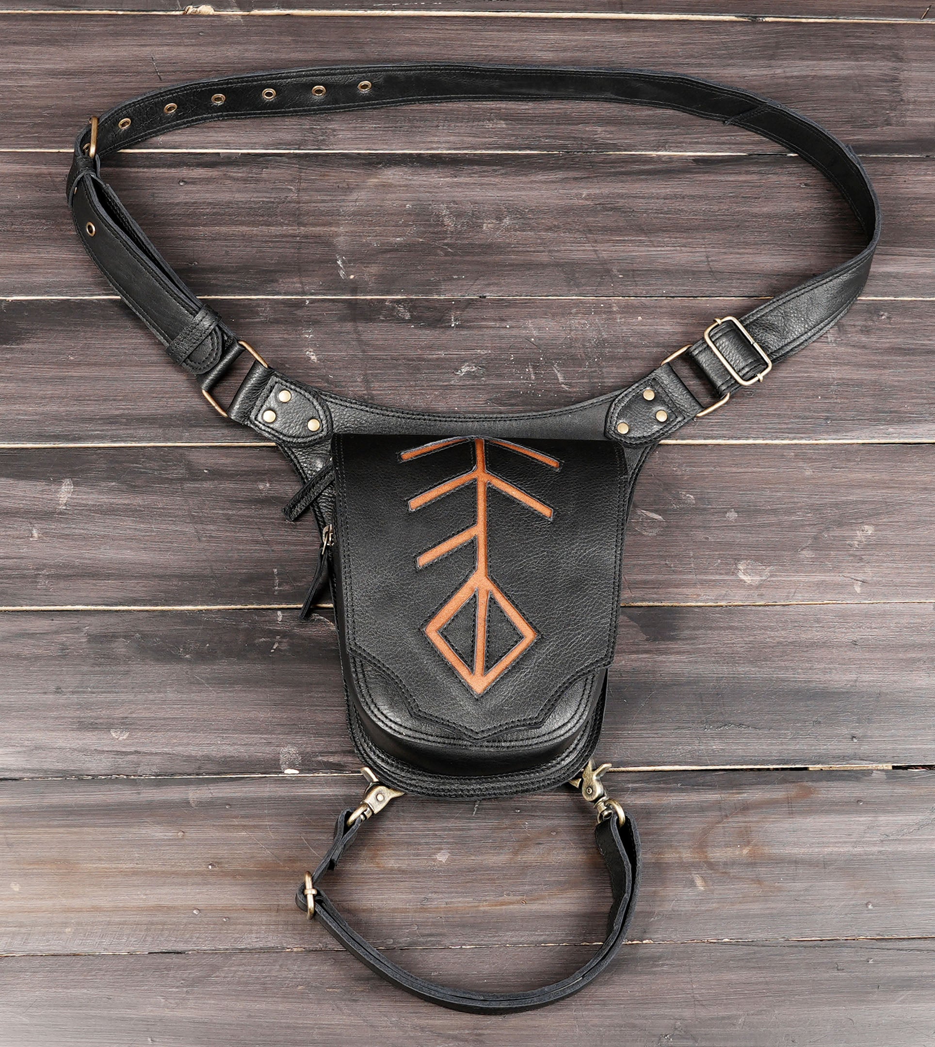 Handmade black leather waist and thigh belt bag