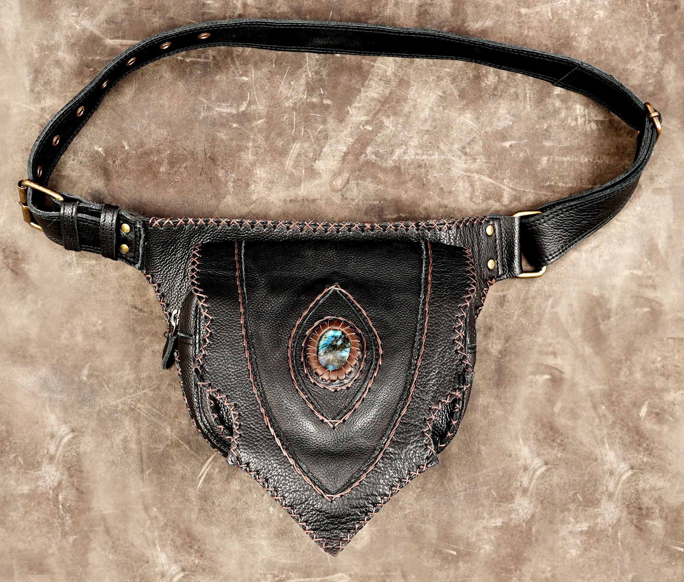 Handmade black leather waist belt bag with labradorite stone