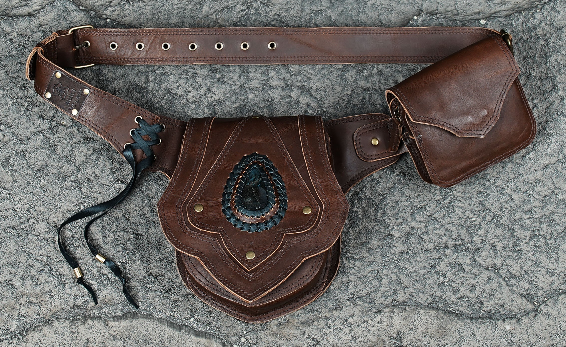 Black Leather Waist Belt with Labradorite Pouch, Boho Festival Hip Belt, Handmade Utility Accessory For Unisex.