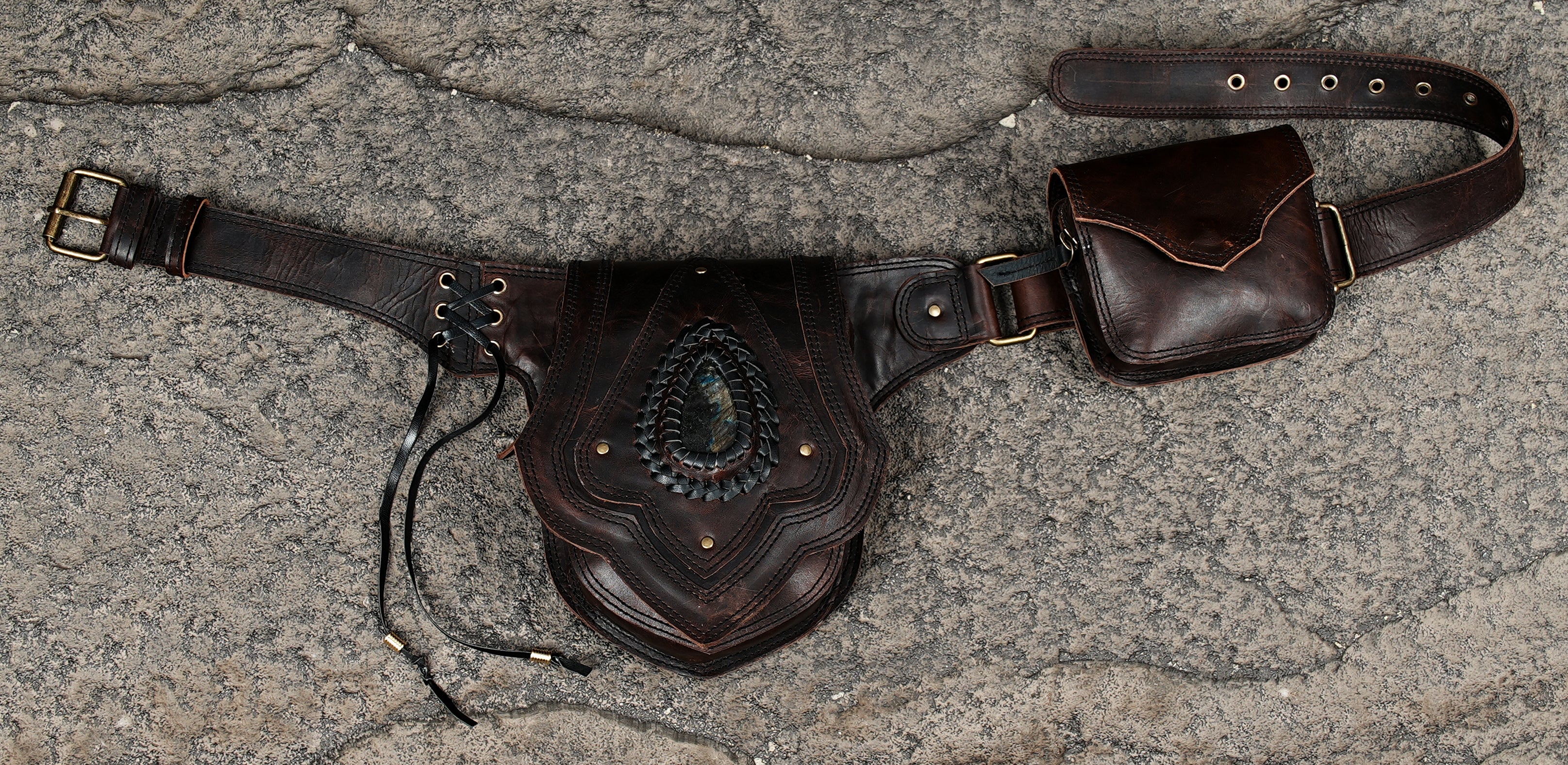 Black Leather Waist Belt with Labradorite Pouch, Boho Festival Hip Belt, Handmade Utility Accessory For Unisex.