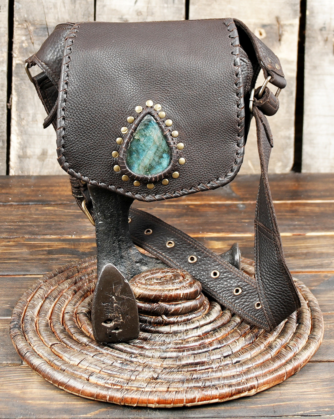 Black Leather Festival Waist Pouch with Brass Hardware