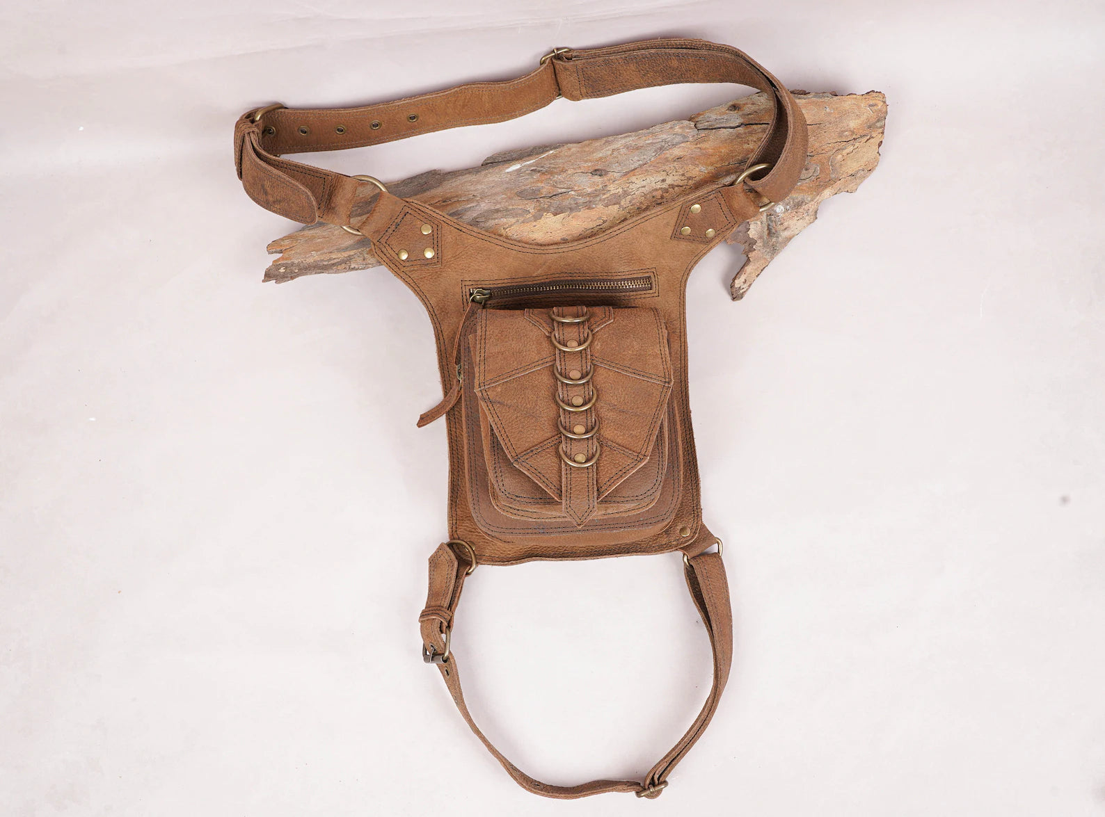 Adjustable leather waist and thigh holster bag with zipper pocket