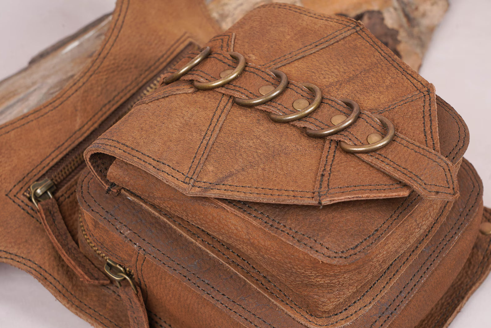Handmade leather waist thigh bag with vintage finish and stitching