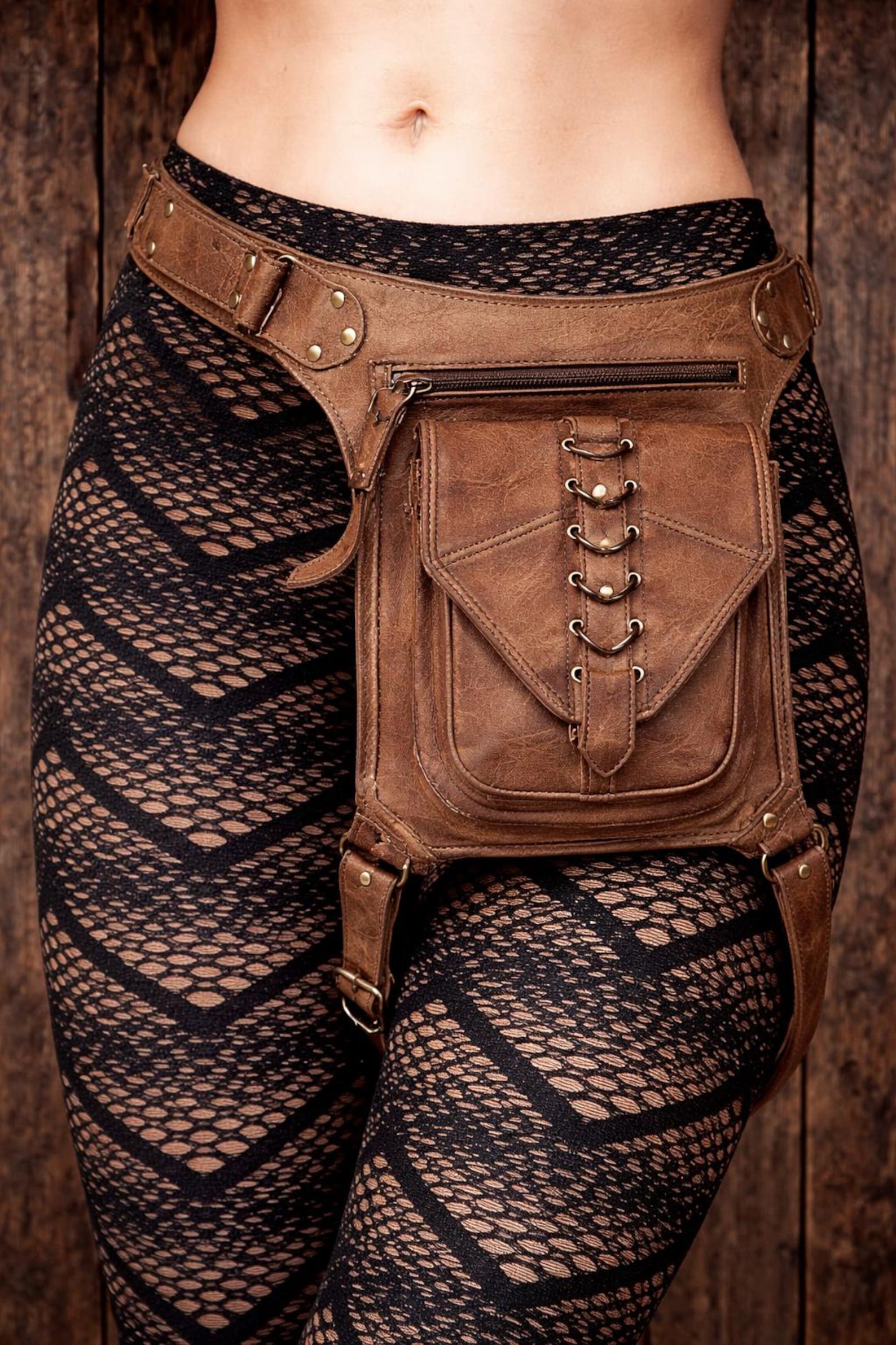 Handmade brown leather waist thigh belt with single utility pouch