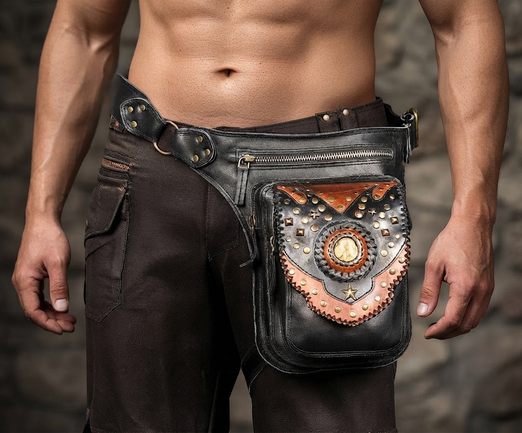 Handcrafted leather hip bag with zip top and leg strap