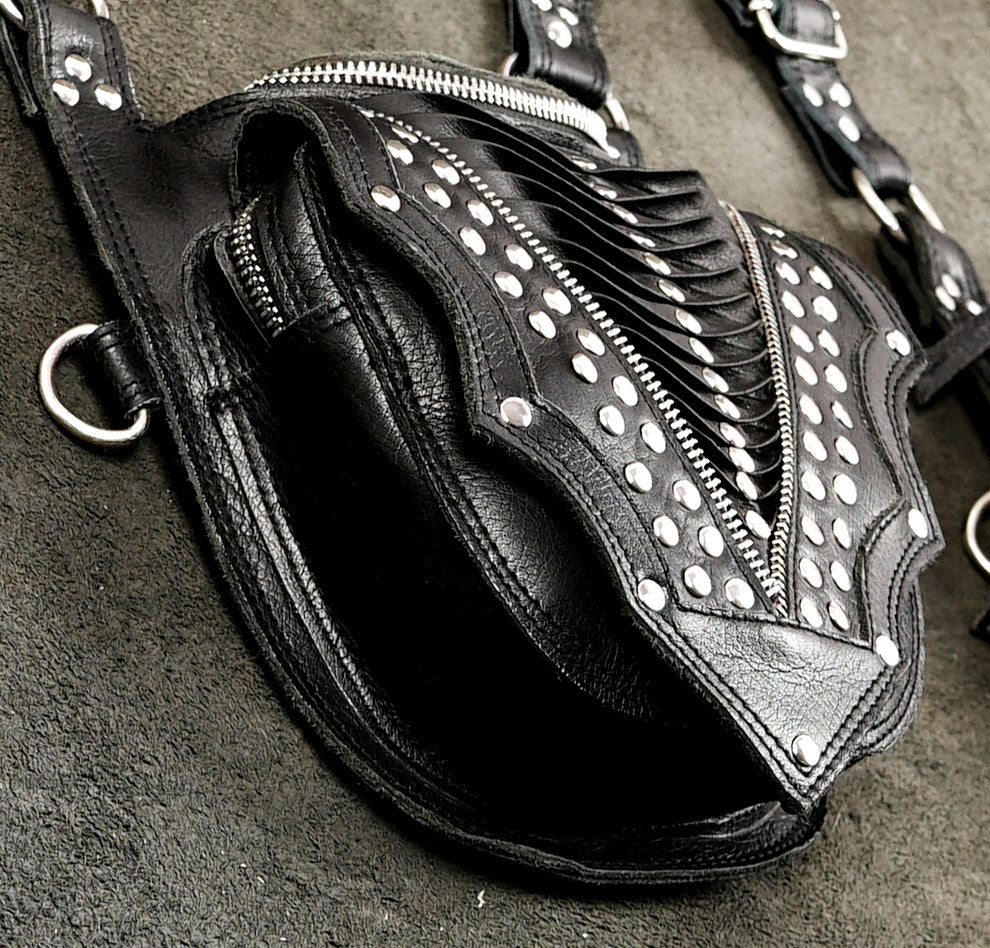 Studded leather utility holster with two pouches, full view