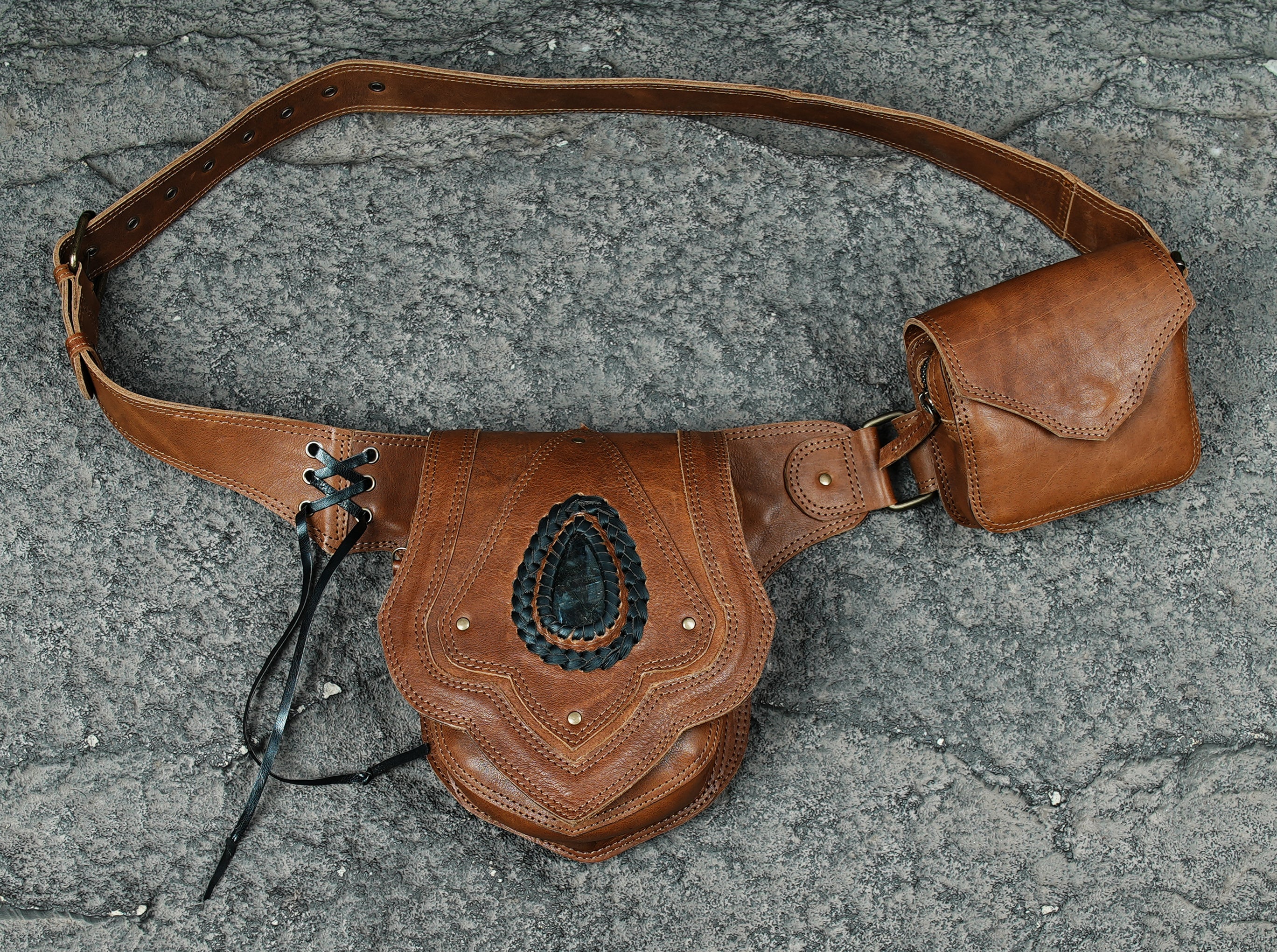 Black Leather Waist Belt with Labradorite Pouch, Boho Festival Hip Belt, Handmade Utility Accessory For Unisex.