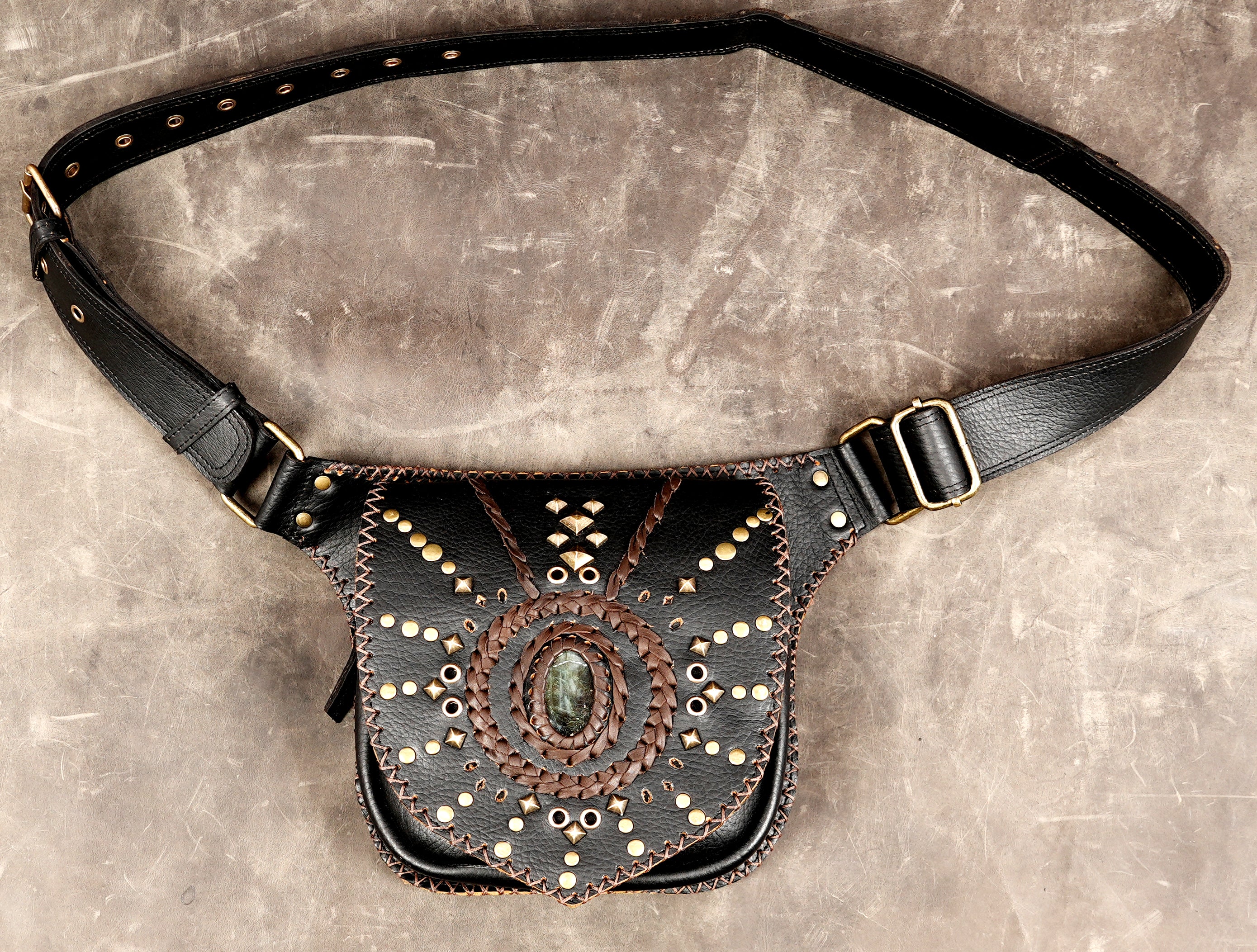Adjustable leather fanny pack with genuine stone inlay