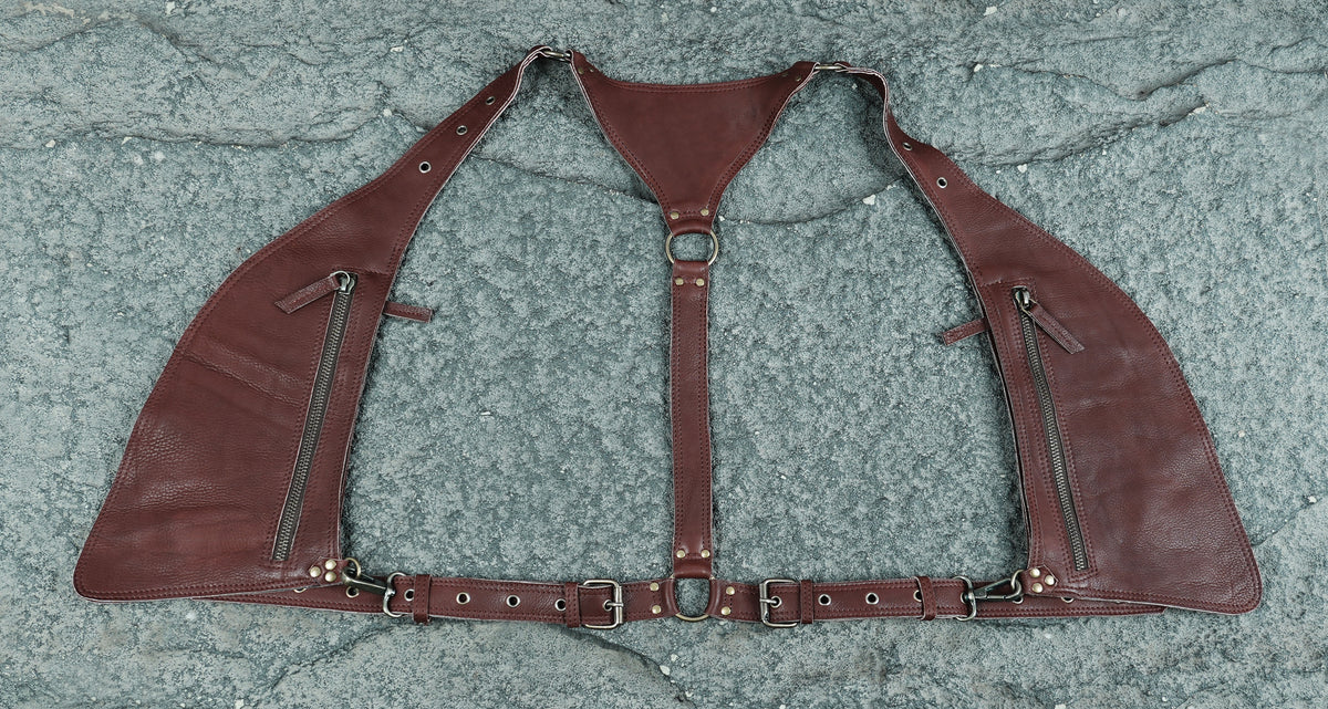 Handmade leather chest holster with secure zipper storage compartments