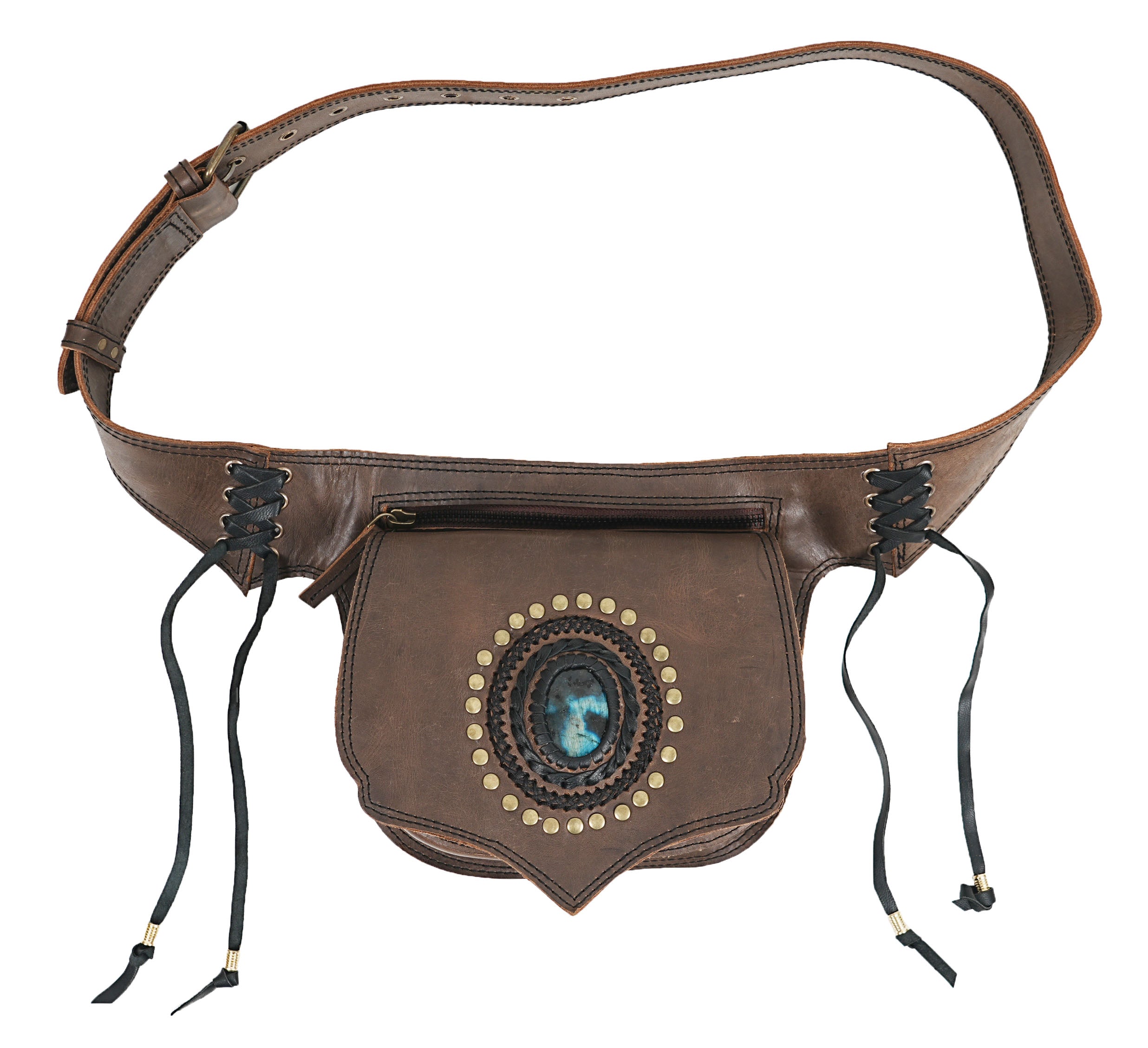 Festival leather utility pouch featuring natural labradorite stone and antique brass accents.