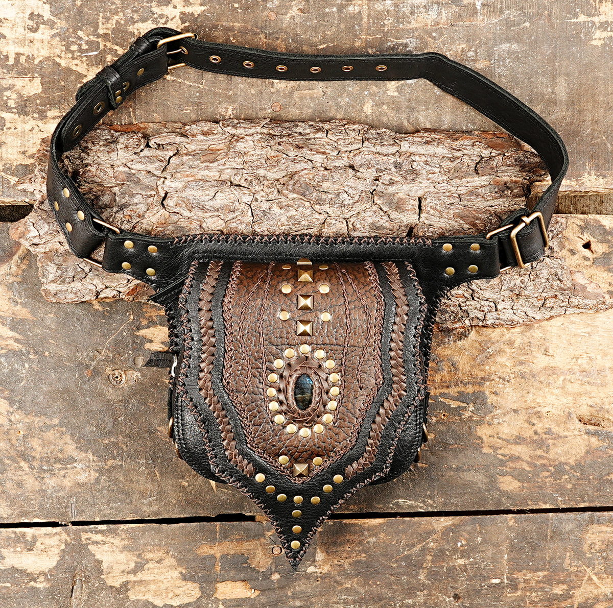 Handmade leather hip belt with natural blue stone and antique brass