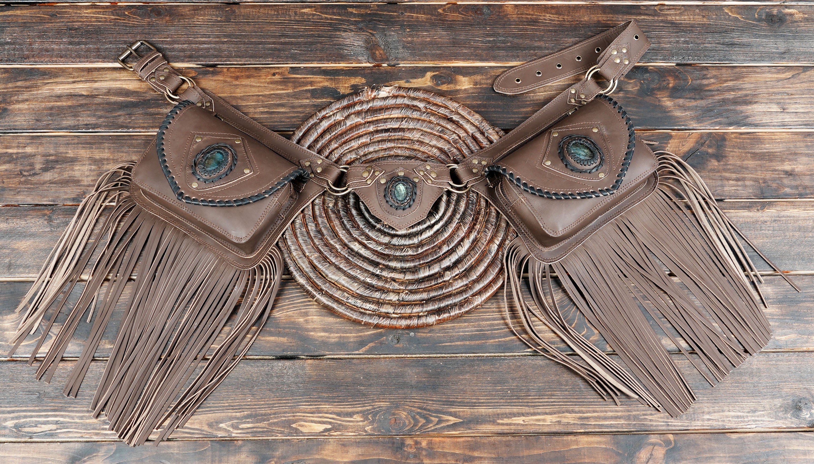 Handmade Leather Fringe Belt Bag, Black Western Waist Belt, Boho Hip Pouch, Stone Accent, Festival Wear