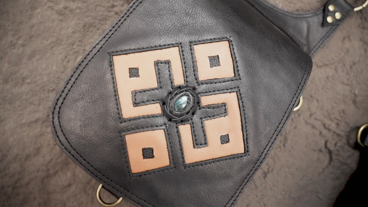 Leather festival chest harness bag with two front zipper pockets