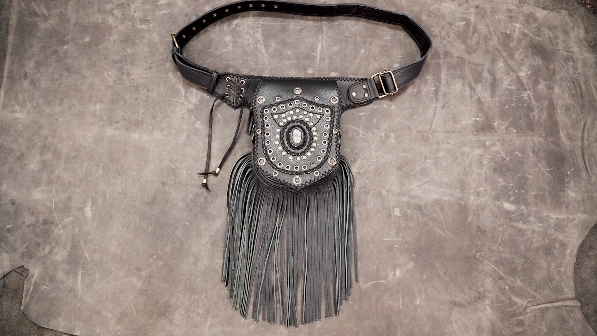 Rustic western leather belt with stone decoration
