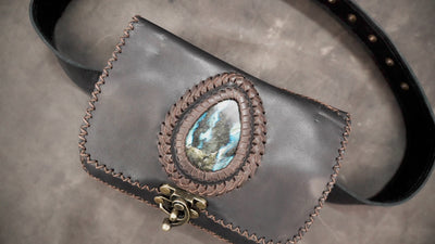 Labradorite stone festival belt bag in black leather