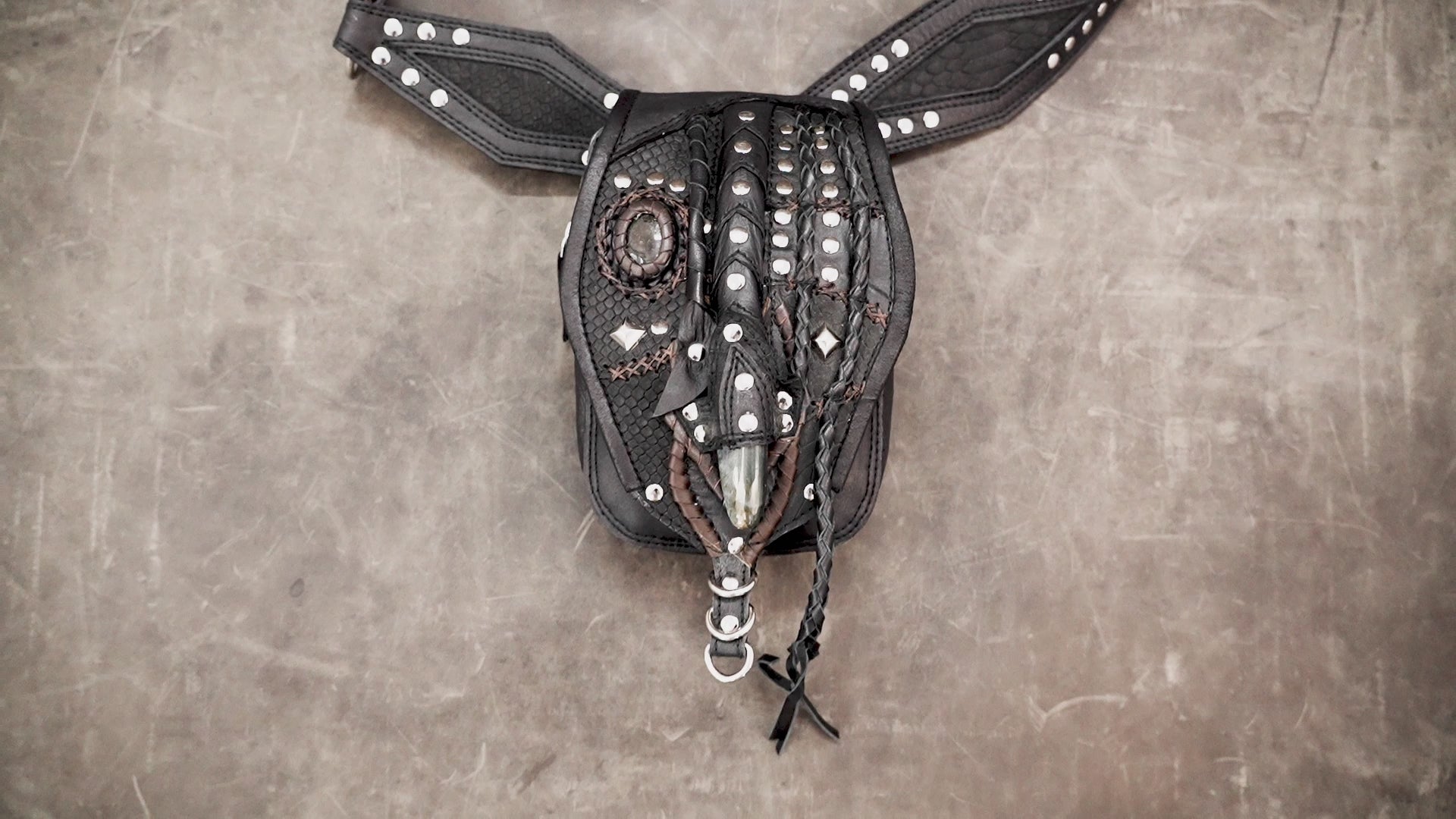 Festival utility belt with genuine leather pouch and decorative braiding