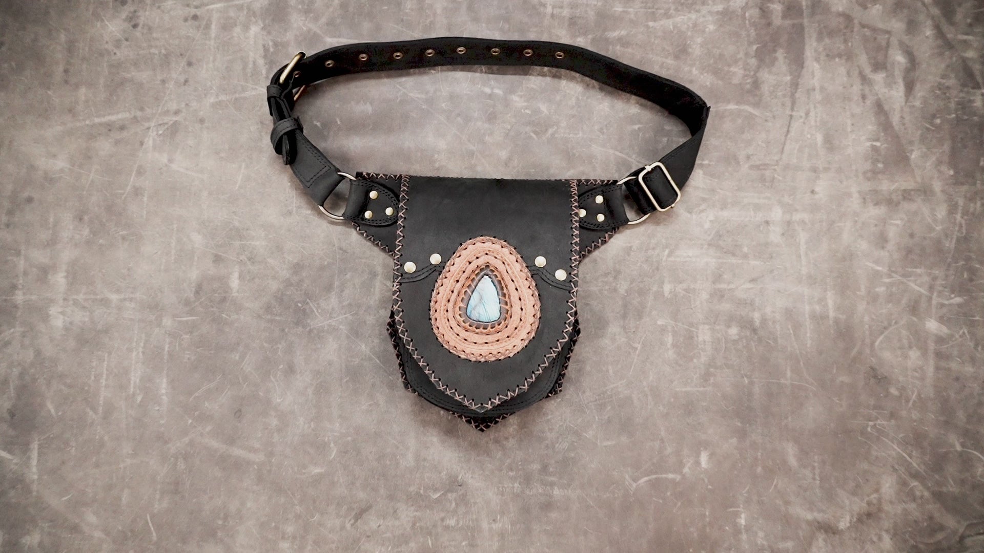 Black leather boho belt with blue stone accent