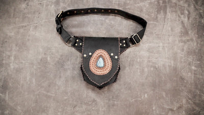Black leather boho belt with blue stone accent
