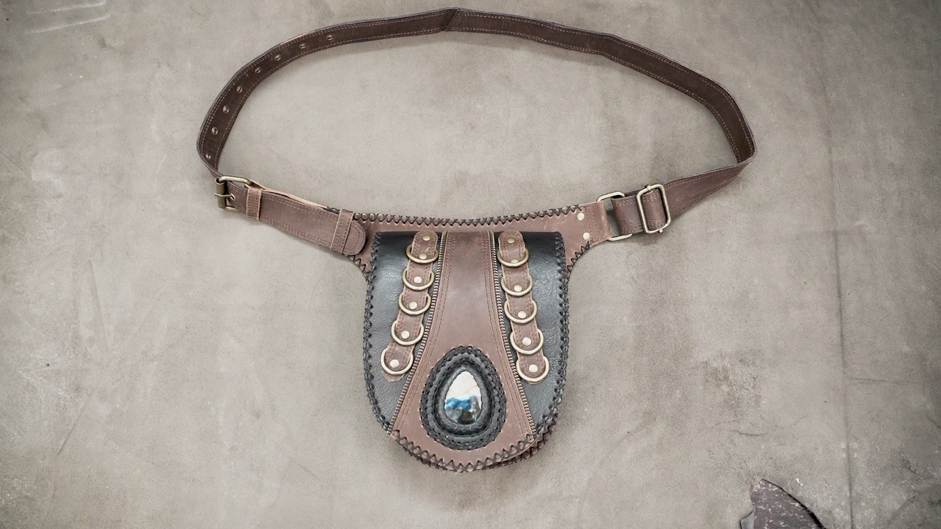 Boho leather bum bag and waist pouch with unique crystal stone for outdoor raves and travel