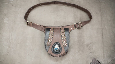 Boho leather bum bag and waist pouch with unique crystal stone for outdoor raves and travel