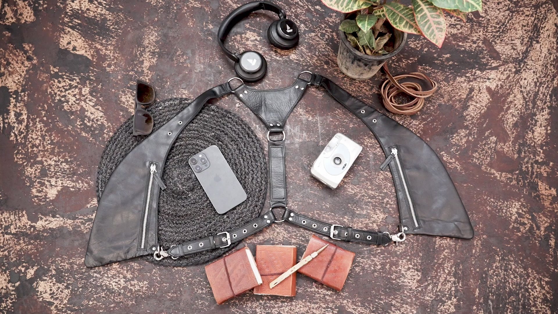 Handmade leather shoulder harness holster with dual zip compartments