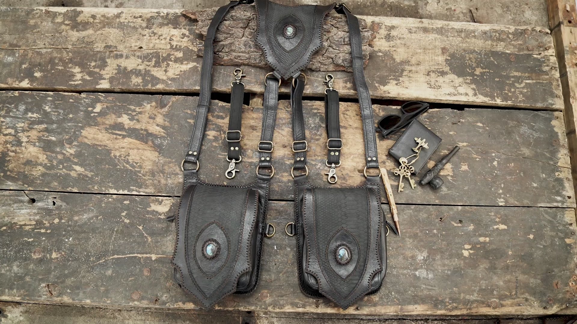 Handmade black leather double pouch harness bag for festivals