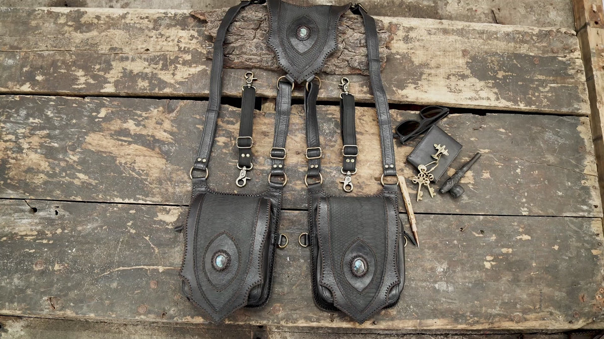 Handmade black leather double pouch harness bag for festivals
