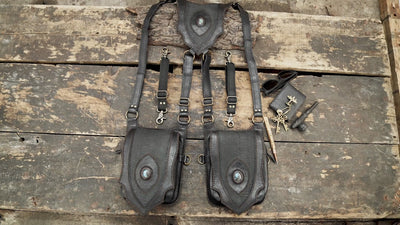 Handmade black leather double pouch harness bag for festivals
