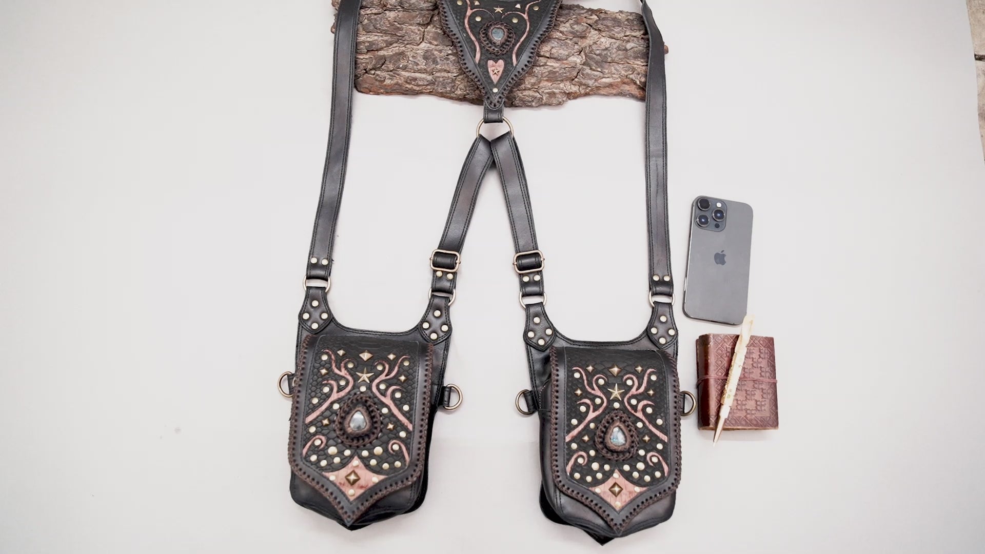 Black leather steampunk accessory with two matching front storage pouches