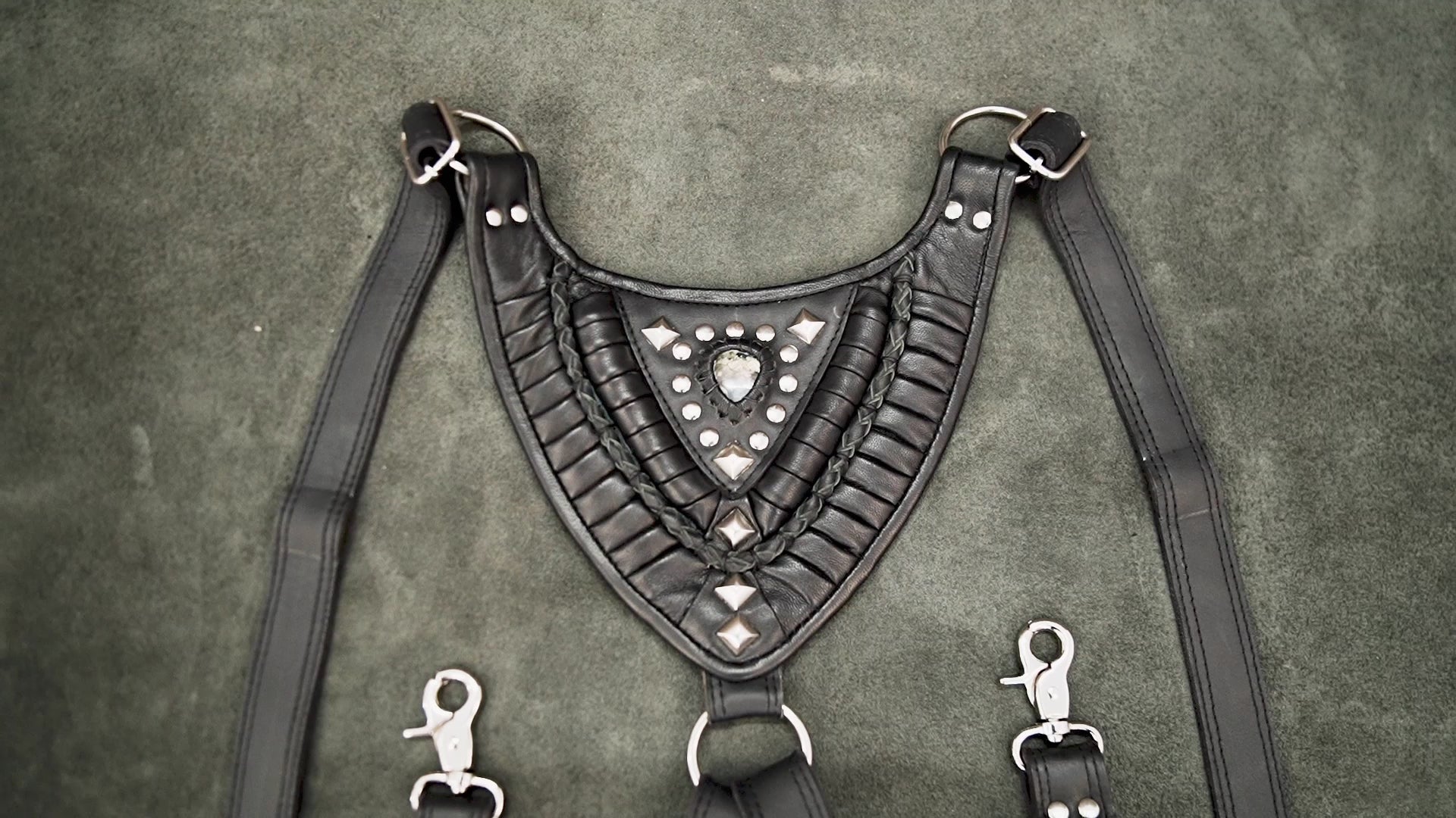 Steampunk festival belt pouch harness in black studded leather