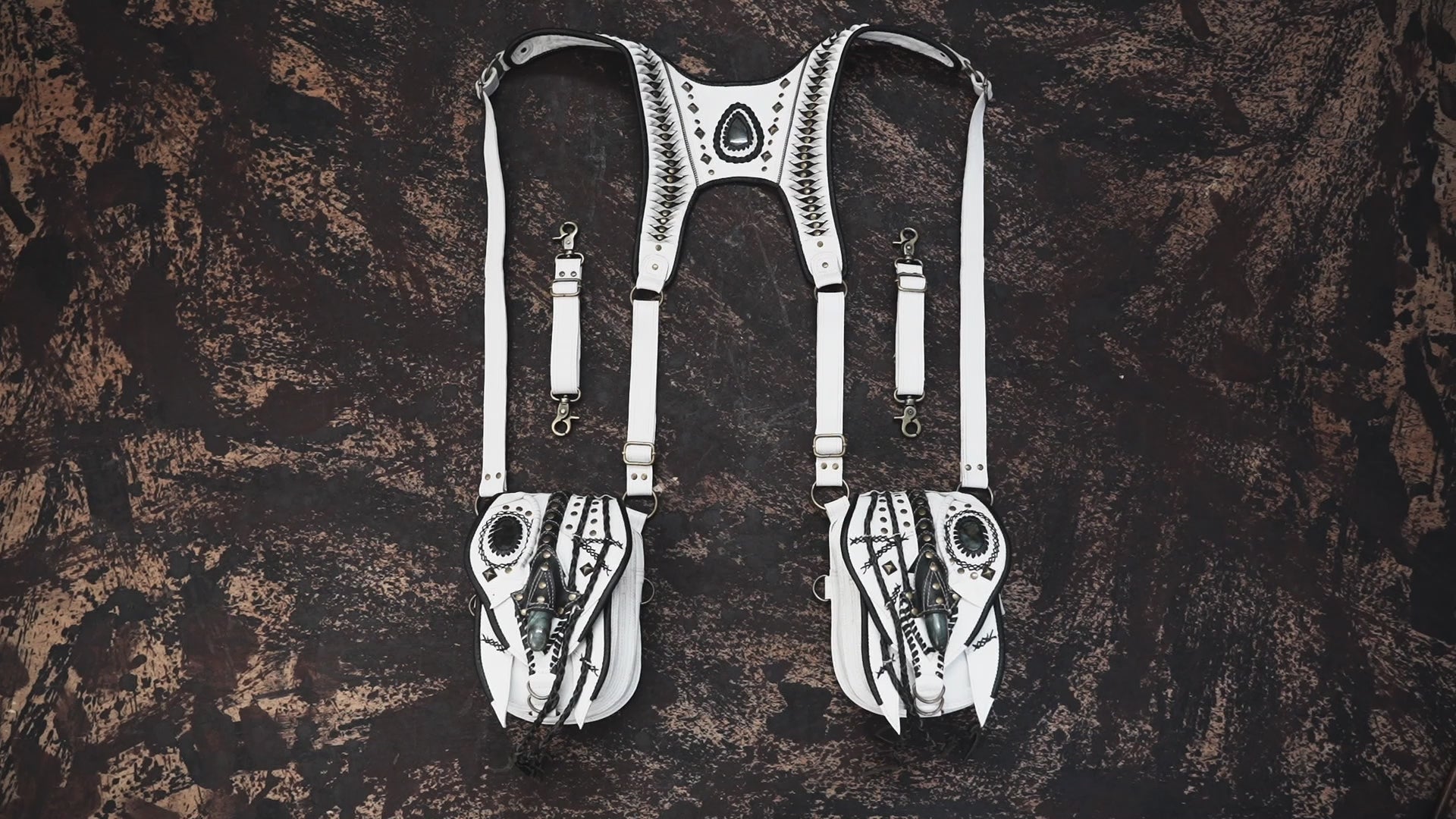 Handmade white leather holster harness with twin pouches