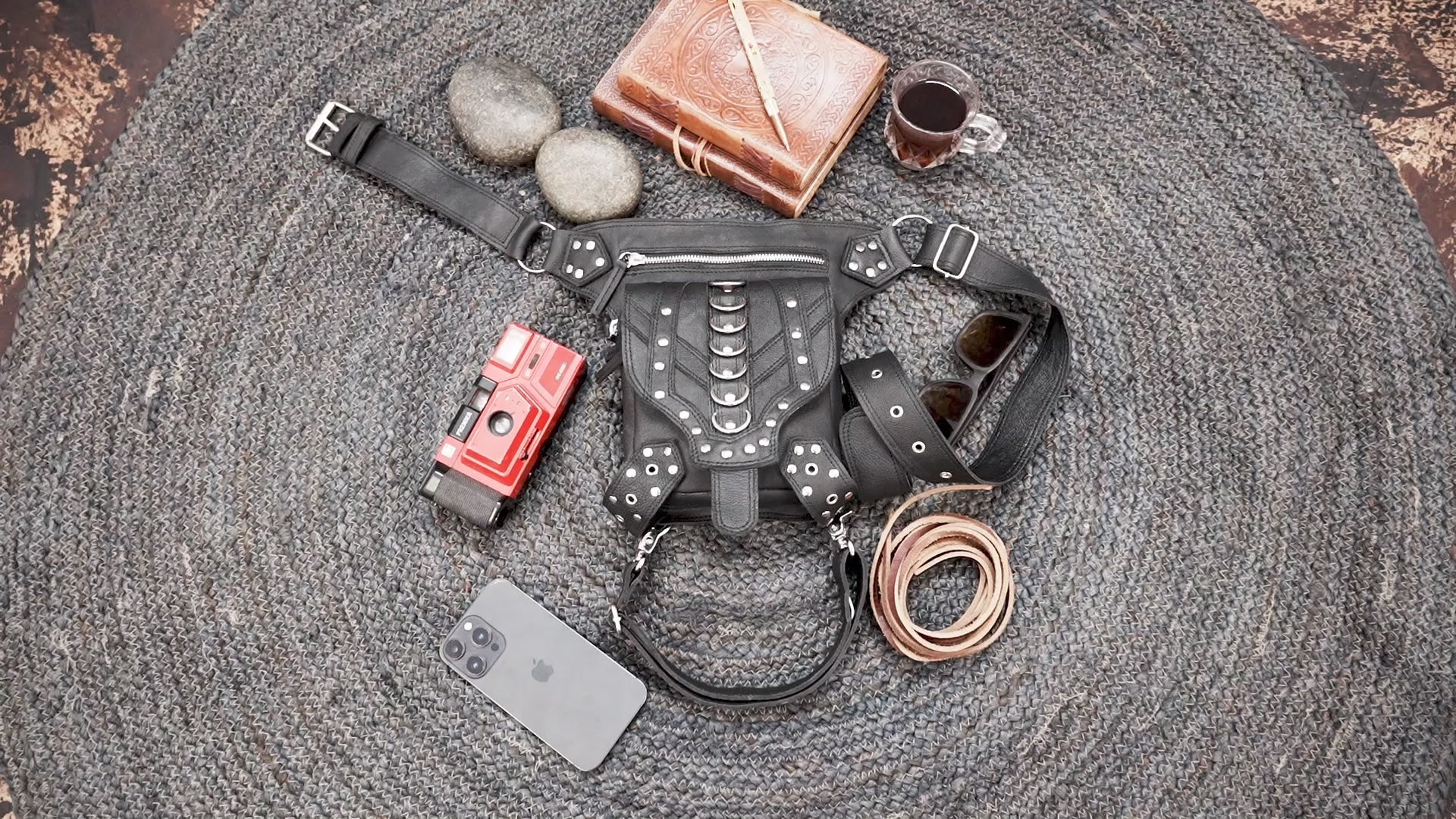 Handmade leather utility belt with thigh strap and silver hardware