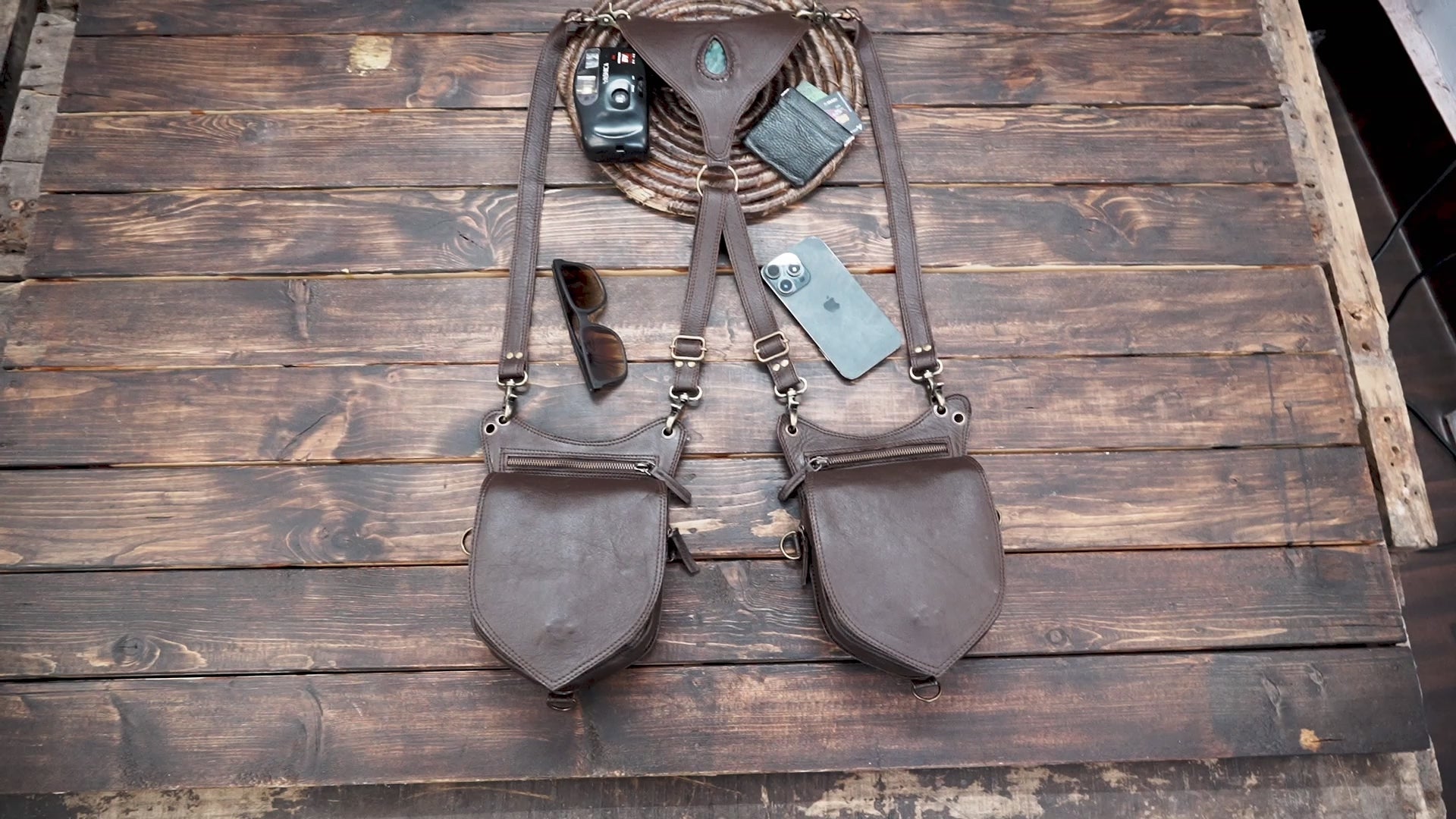 Handcrafted brown leather double pouch harness with antique brass hardware