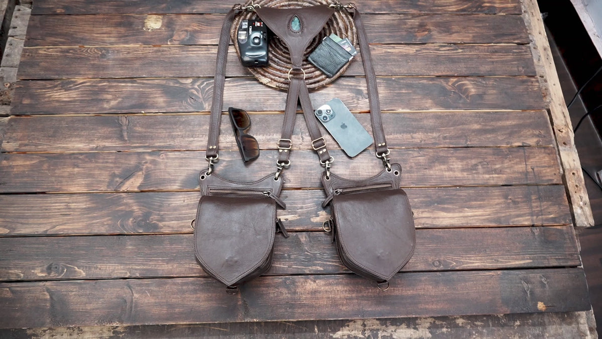 Handcrafted brown leather double pouch harness with antique brass hardware