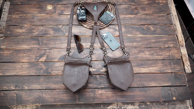Handcrafted brown leather double pouch harness with antique brass hardware