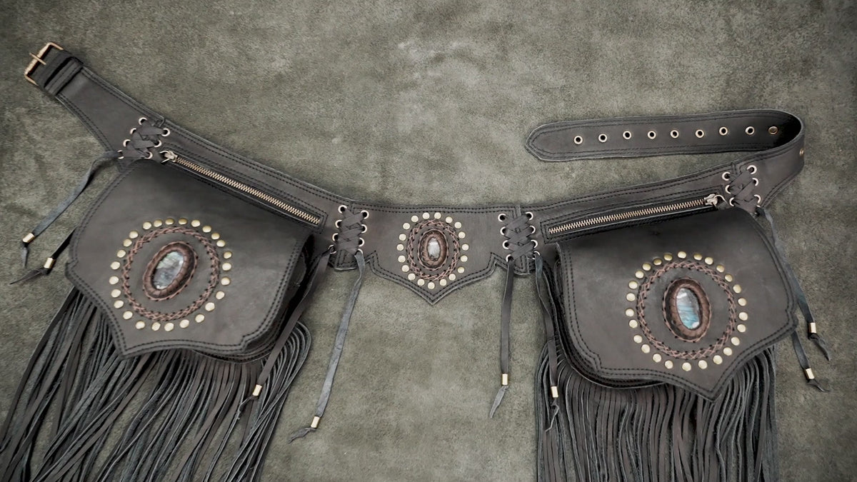 Boho western leather festival pouch with long fringe and zippered pockets