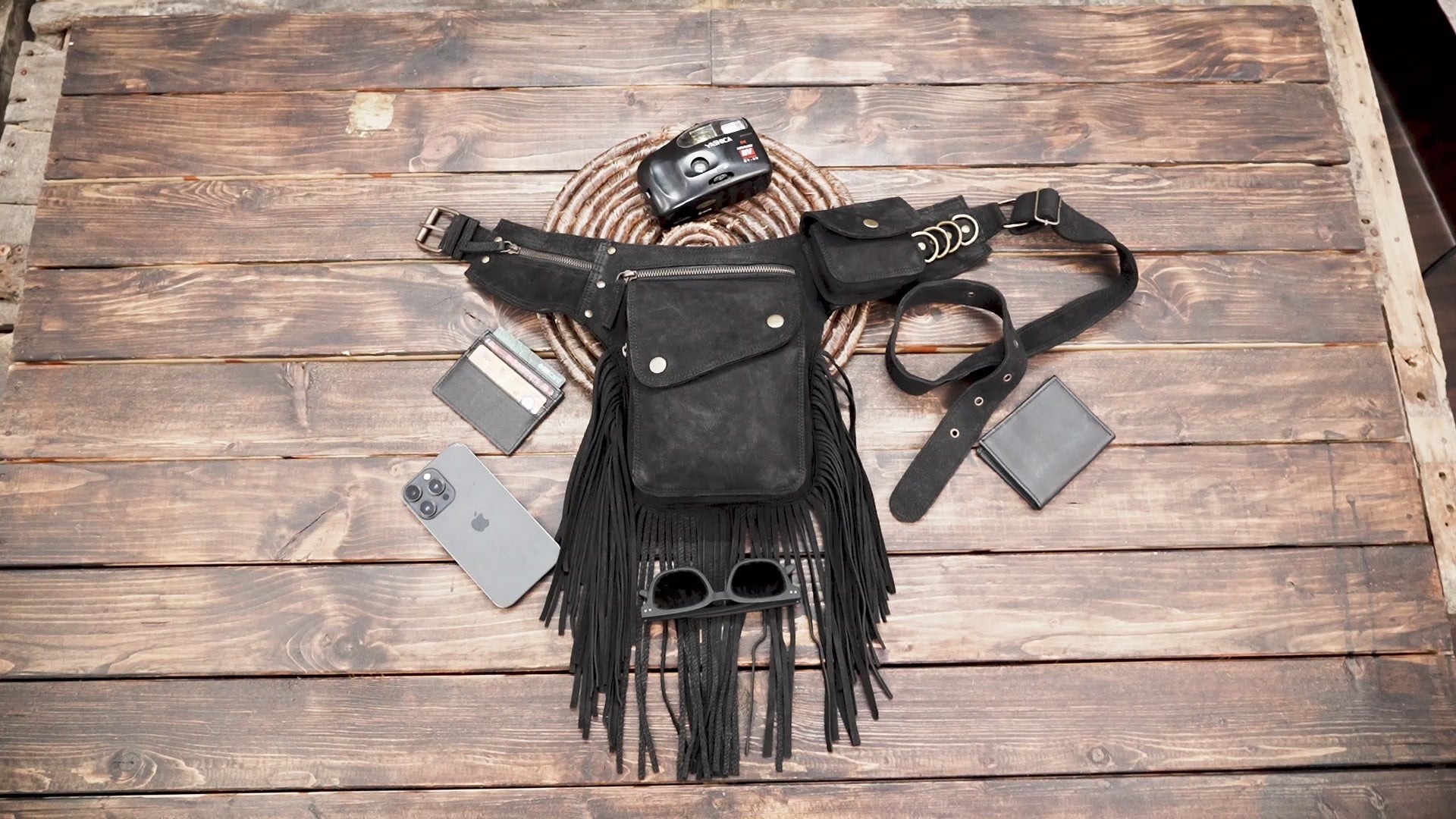 Black leather fringe waist bag with adjustable belt