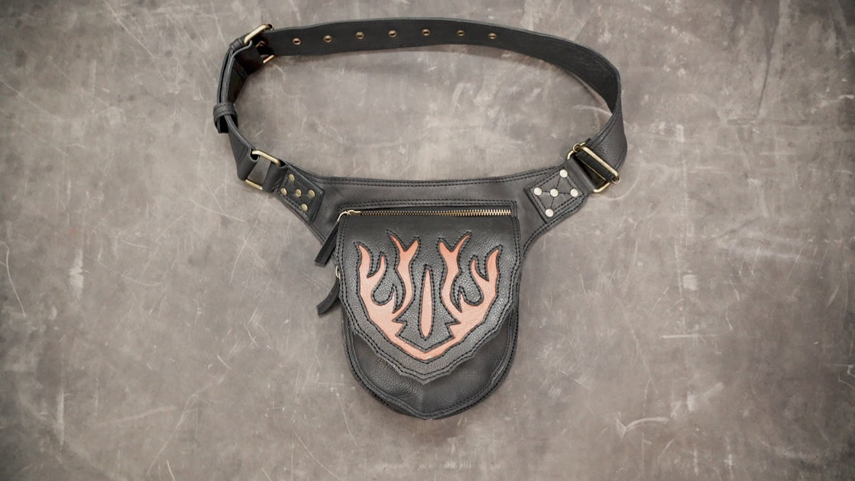 Handcrafted leather hip pouch with brass buckles