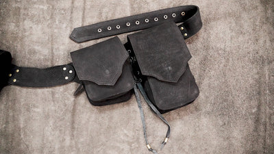Black leather festival belt with detachable utility pockets