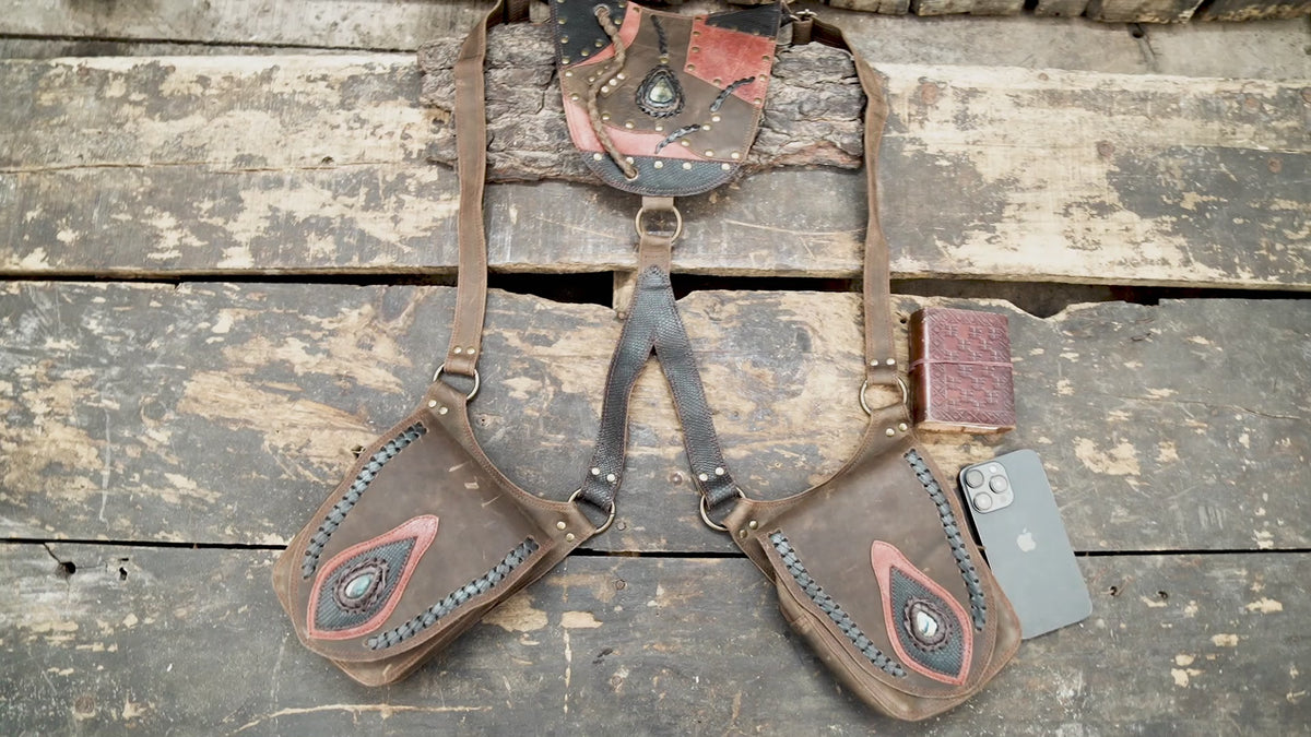 Brown leather double hip pouch harness for steampunk cosplay and themed events
 