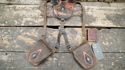 Brown leather double hip pouch harness for steampunk cosplay and themed events
 