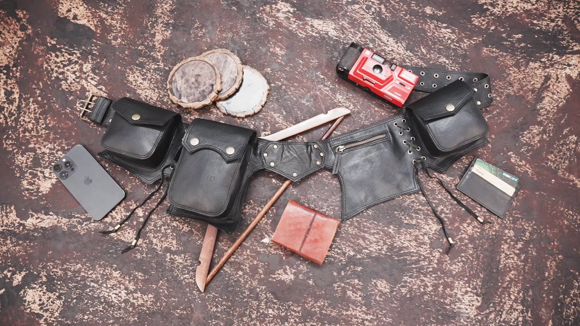 Multi-pocket leather festival belt with snap closures