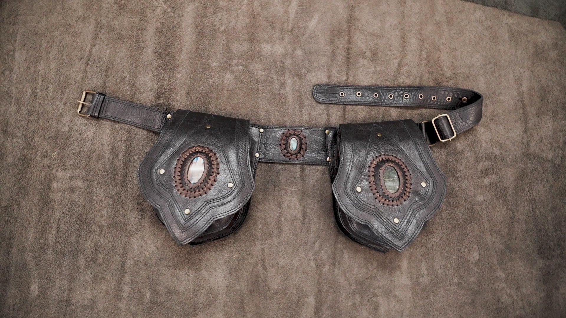 Leather pocket belt with antique brass rivets and stone