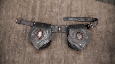 Leather pocket belt with antique brass rivets and stone