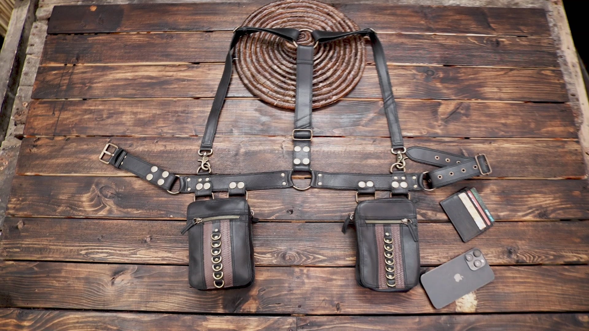 Steampunk black leather body harness with adjustable waist belt and two pouches   