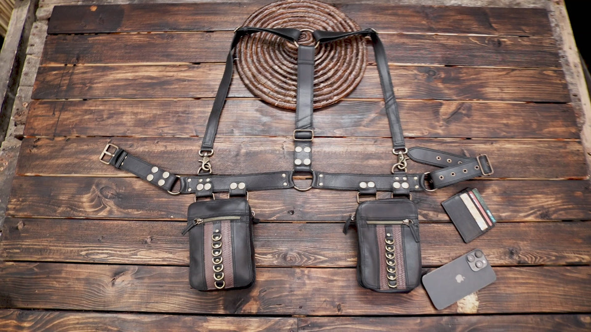 Steampunk black leather body harness with adjustable waist belt and two pouches   