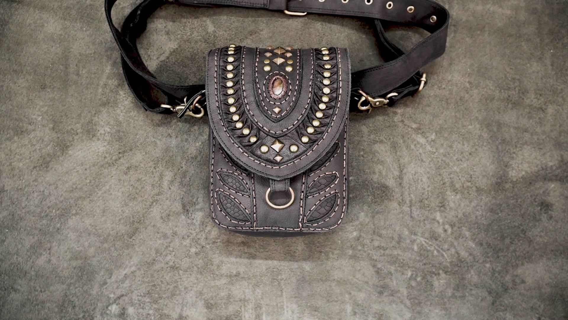 Handcrafted black leather festival utility belt bag with antique brass hardware.   