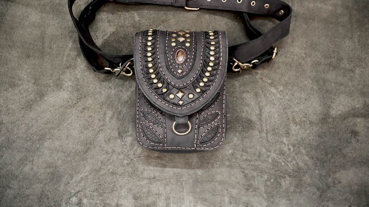 Handcrafted black leather festival utility belt bag with antique brass hardware.   